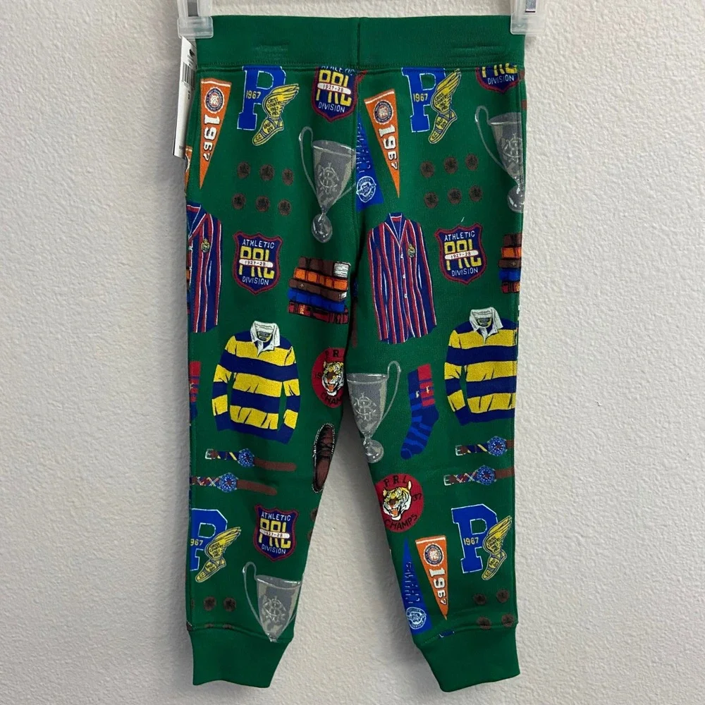 Polo Ralph Lauren Boys Size 3 Green Athletic‎ Graphic Fleece Jogger Pants NWT